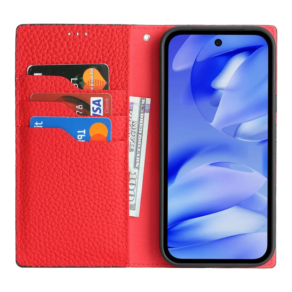 For Google Pixel 10a Wallet Case Genuine Cow Leather Phone Cover Litchi Texture - Black - 2