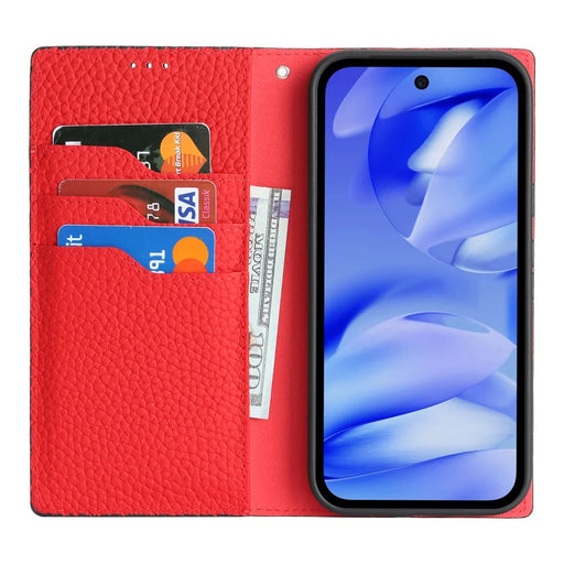 For Google Pixel 10a Wallet Case Genuine Cow Leather Phone Cover Litchi Texture - Black - 2