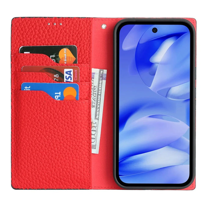 For Google Pixel 10a Wallet Case Genuine Cow Leather Phone Cover Litchi Texture - Black - 2