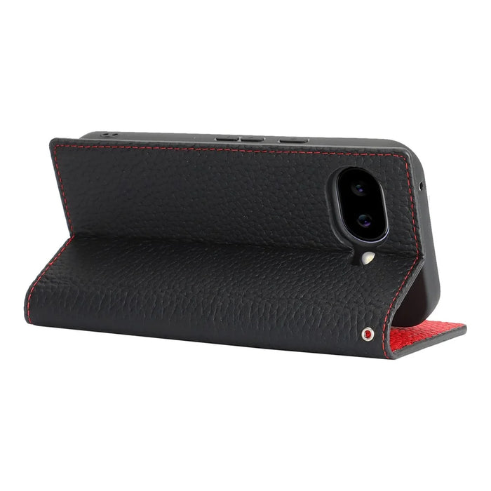 For Google Pixel 10a Wallet Case Genuine Cow Leather Phone Cover Litchi Texture - Black - 3