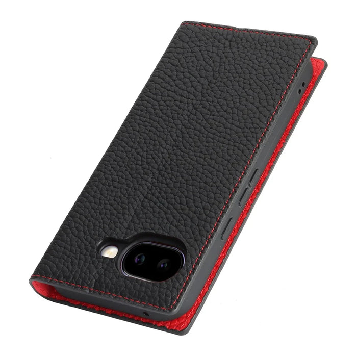 For Google Pixel 10a Wallet Case Genuine Cow Leather Phone Cover Litchi Texture - Black - 6