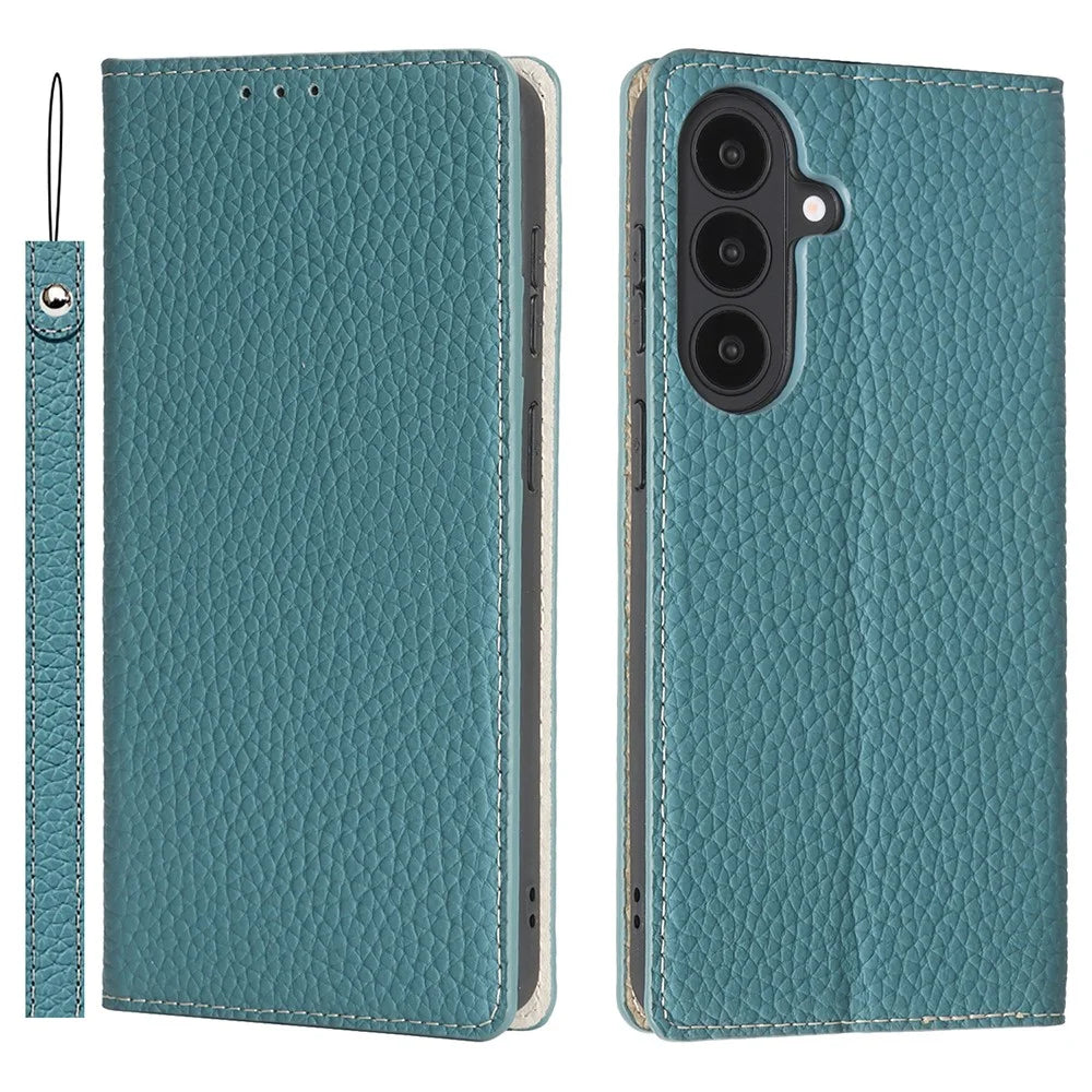 For Samsung Galaxy S26 Wallet Case Genuine Cow Leather Phone Cover Litchi Texture - Sky Blue - 1