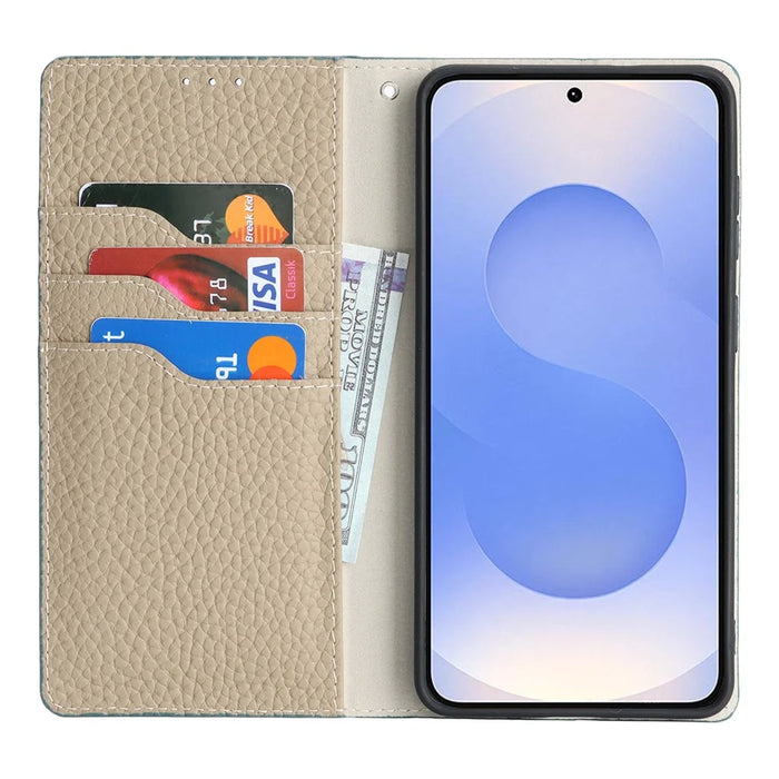 For Samsung Galaxy S26+ Wallet Case Genuine Cow Leather Phone Cover Litchi Texture - Sky Blue - 2