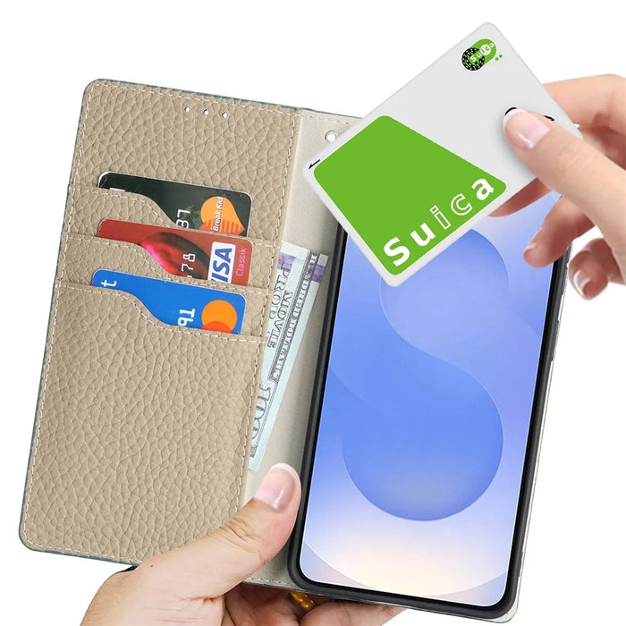 For Samsung Galaxy S26+ Wallet Case Genuine Cow Leather Phone Cover Litchi Texture - Sky Blue - 5