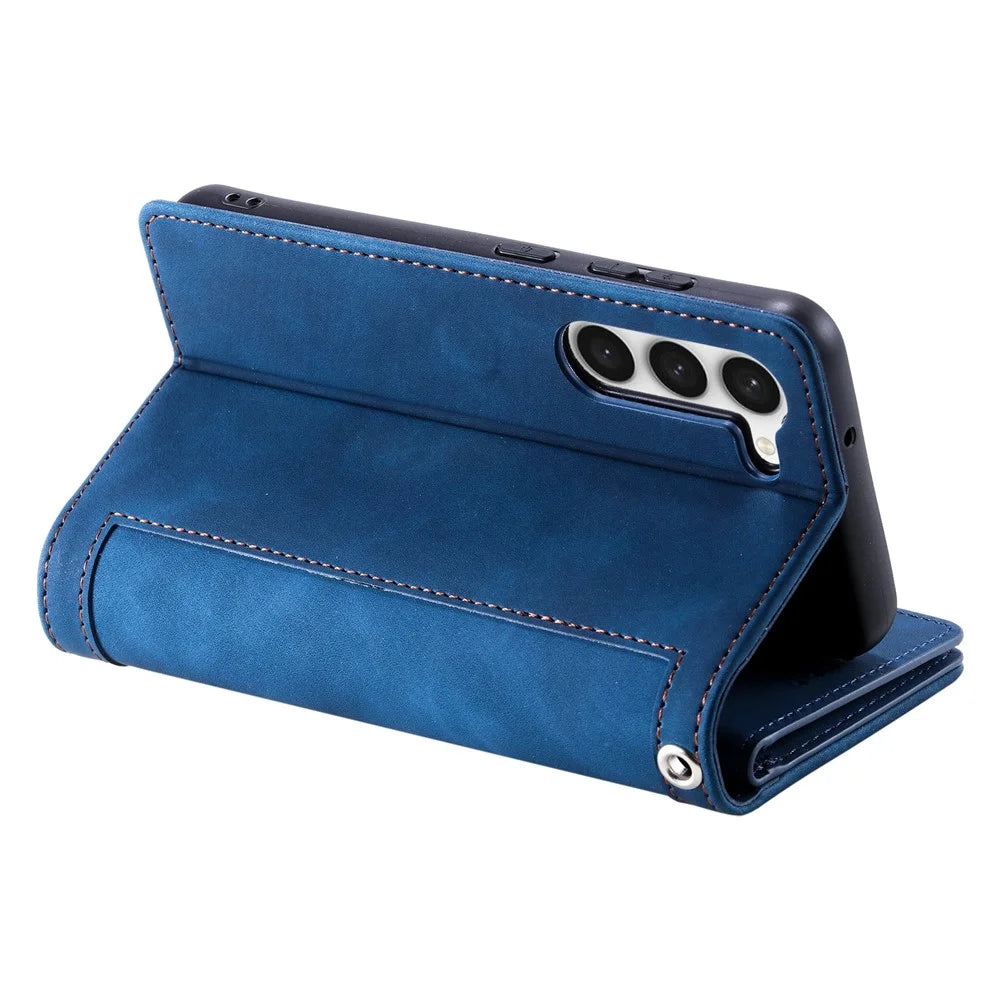 Leather Phone Case for Samsung Galaxy S23 Anti-Fall Protective Cover Multi Card Slot Phone Case with Zipper Wallet / Strap - Blue - 5