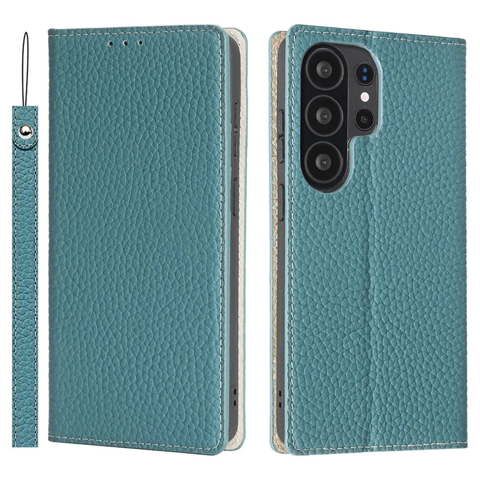 For Samsung Galaxy S26 Ultra Wallet Case Genuine Cow Leather Phone Cover Litchi Texture - Sky Blue - 1