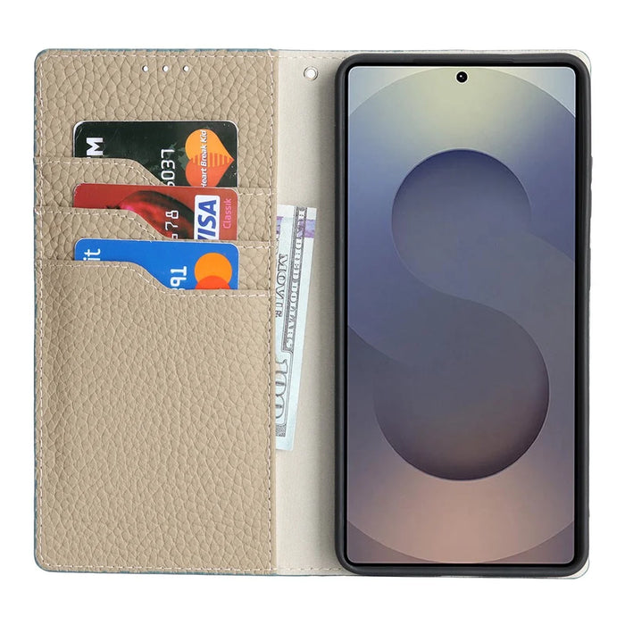 For Samsung Galaxy S26 Ultra Wallet Case Genuine Cow Leather Phone Cover Litchi Texture - Sky Blue - 2