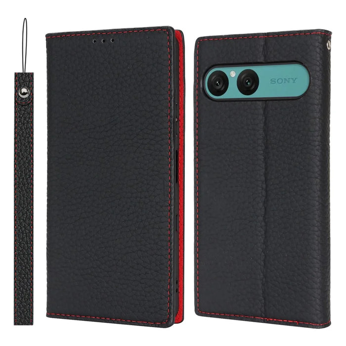 For Sony Xperia 10 VII Wallet Case Genuine Cow Leather Phone Cover Litchi Texture - Black - 1