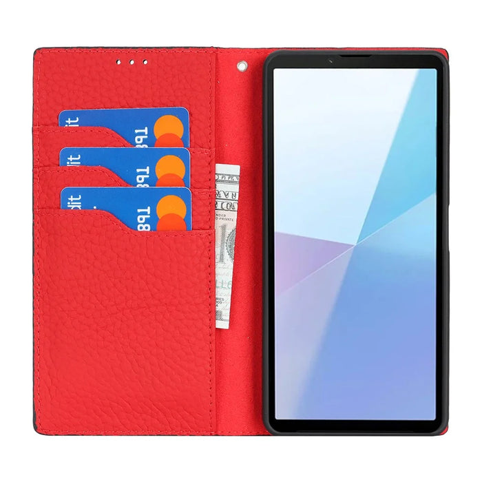 For Sony Xperia 10 VII Wallet Case Genuine Cow Leather Phone Cover Litchi Texture - Black - 3
