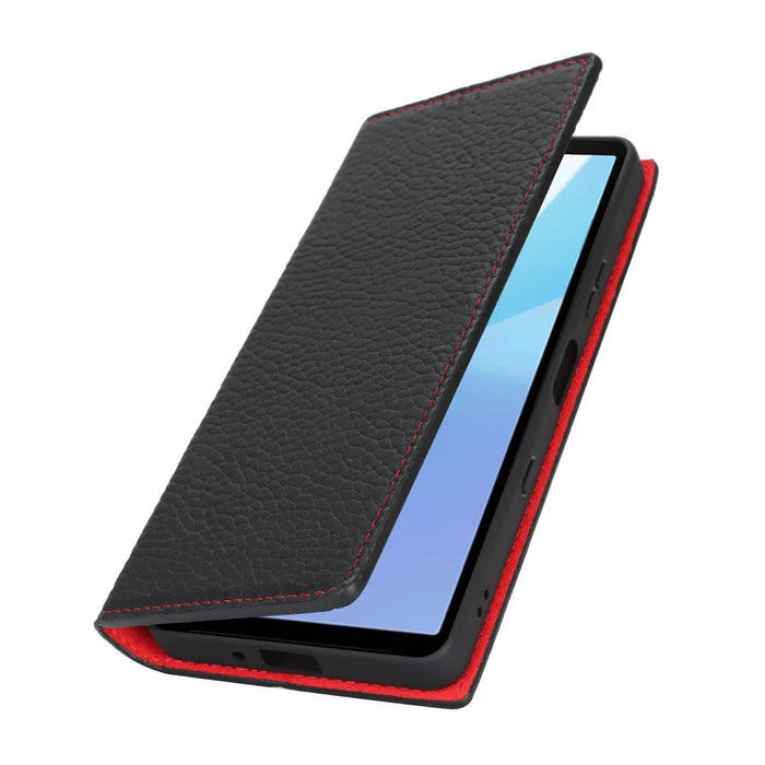 For Sony Xperia 10 VII Wallet Case Genuine Cow Leather Phone Cover Litchi Texture - Black - 4