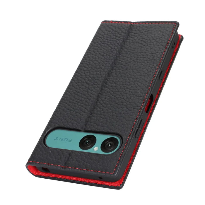 For Sony Xperia 10 VII Wallet Case Genuine Cow Leather Phone Cover Litchi Texture - Black - 5