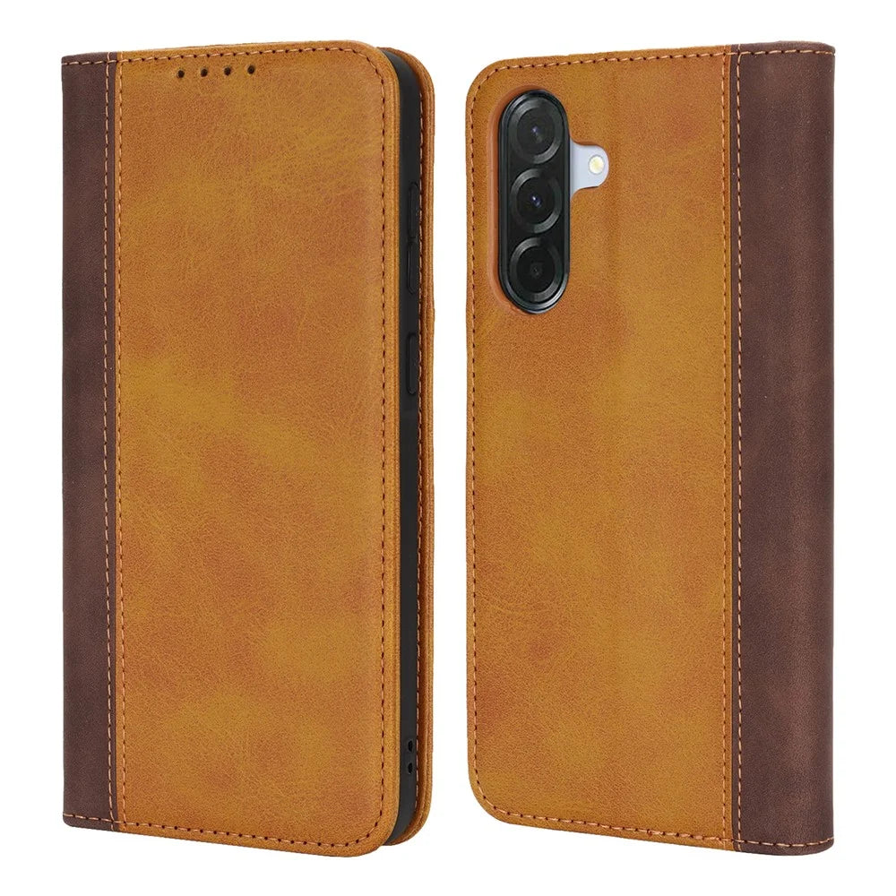 Phone Case For Samsung Galaxy A56 5G  /  A36 5G Calf Texture 3 Card Slots Color Splicing Leather Phone Cover - Yellow+Brown - 1