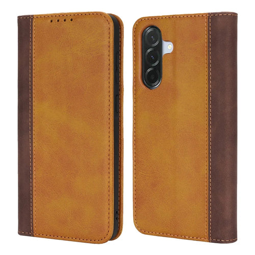 Phone Case For Samsung Galaxy A56 5G  /  A36 5G Calf Texture 3 Card Slots Color Splicing Leather Phone Cover - Yellow+Brown - 1
