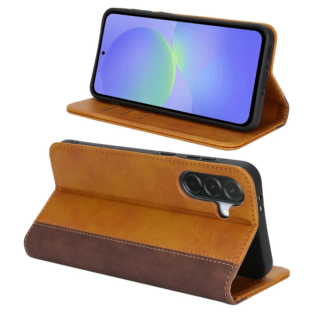 Phone Case For Samsung Galaxy A56 5G  /  A36 5G Calf Texture 3 Card Slots Color Splicing Leather Phone Cover - Yellow+Brown - 2