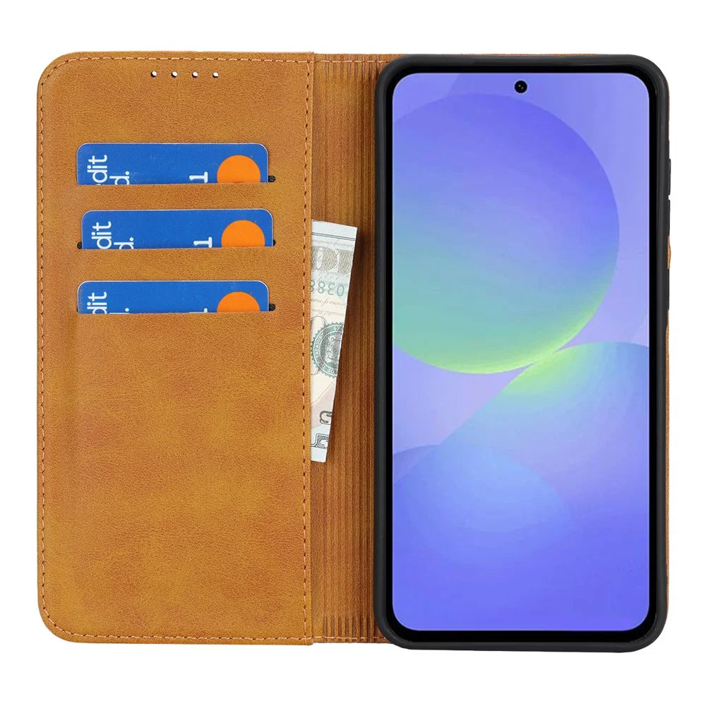Phone Case For Samsung Galaxy A56 5G  /  A36 5G Calf Texture 3 Card Slots Color Splicing Leather Phone Cover - Yellow+Brown - 3