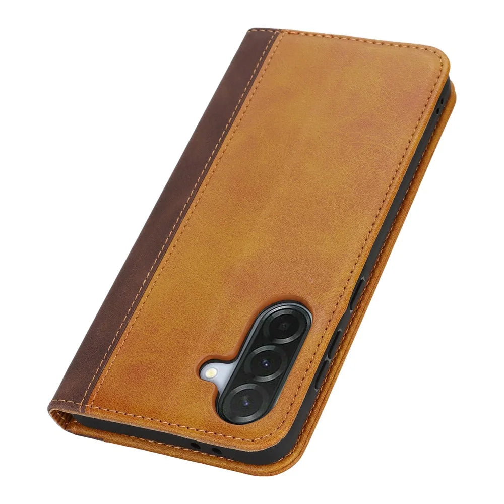 Phone Case For Samsung Galaxy A56 5G  /  A36 5G Calf Texture 3 Card Slots Color Splicing Leather Phone Cover - Yellow+Brown - 4