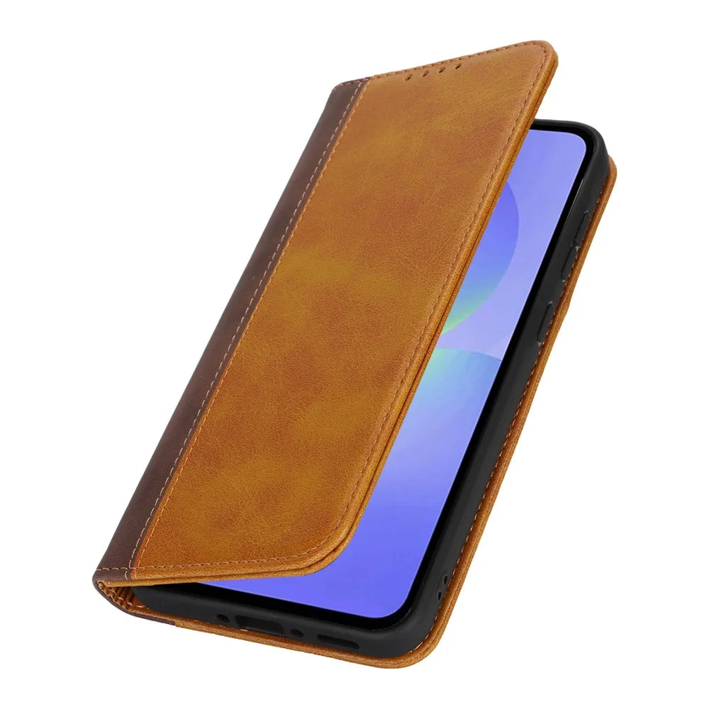 Phone Case For Samsung Galaxy A56 5G  /  A36 5G Calf Texture 3 Card Slots Color Splicing Leather Phone Cover - Yellow+Brown - 5