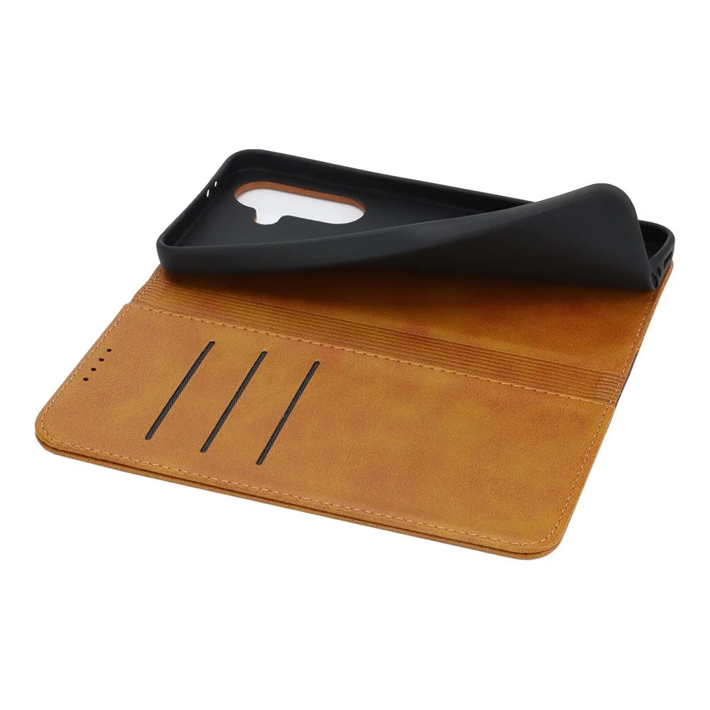 Phone Case For Samsung Galaxy A56 5G  /  A36 5G Calf Texture 3 Card Slots Color Splicing Leather Phone Cover - Yellow+Brown - 6