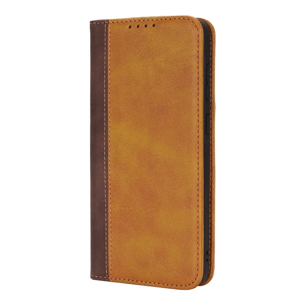 Phone Case For Samsung Galaxy A56 5G  /  A36 5G Calf Texture 3 Card Slots Color Splicing Leather Phone Cover - Yellow+Brown - 7