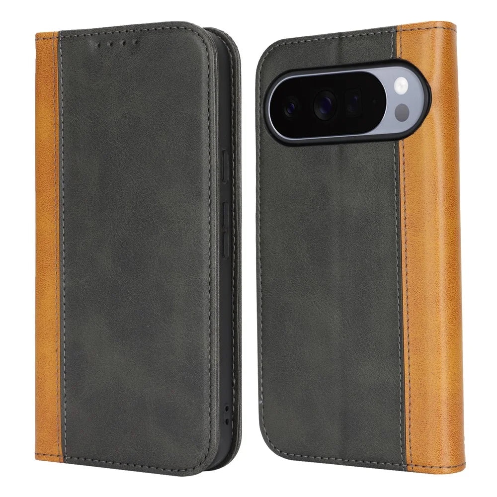 For Google Pixel 10 Pro XL Case Calf Texture 3 Card Slots Color Splicing Leather Phone Cover - Black+Yellow - 1