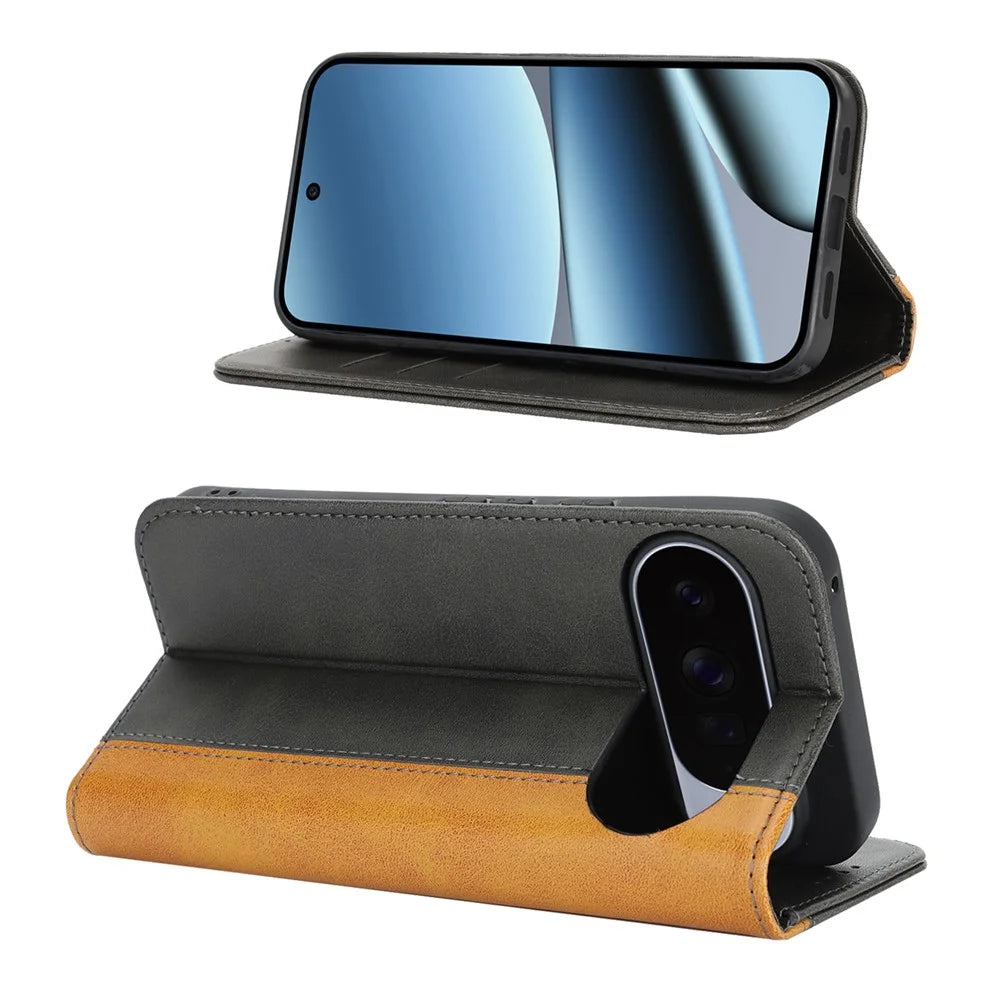 For Google Pixel 10 Pro XL Case Calf Texture 3 Card Slots Color Splicing Leather Phone Cover - Black+Yellow - 2
