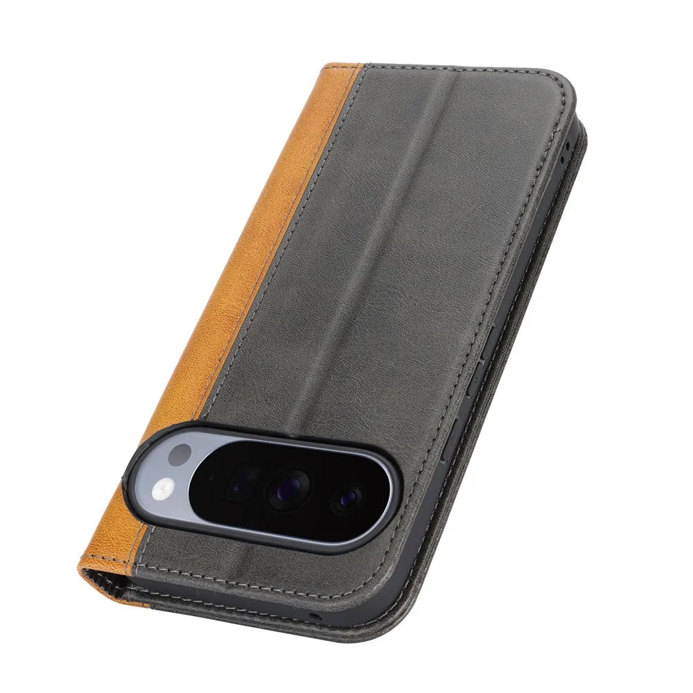 For Google Pixel 10 Pro XL Case Calf Texture 3 Card Slots Color Splicing Leather Phone Cover - Black+Yellow - 5
