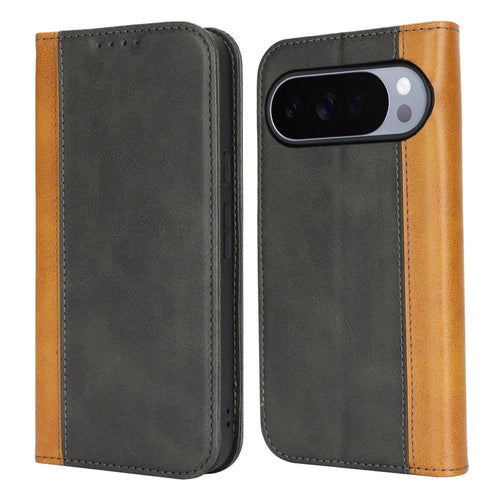 Phone Case For Google Pixel 10  /  10 Pro Calf Texture 3 Card Slots Color Splicing Leather Phone Cover - Black+Yellow - 1