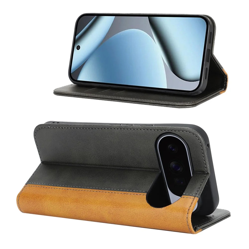 Phone Case For Google Pixel 10  /  10 Pro Calf Texture 3 Card Slots Color Splicing Leather Phone Cover - Black+Yellow - 2