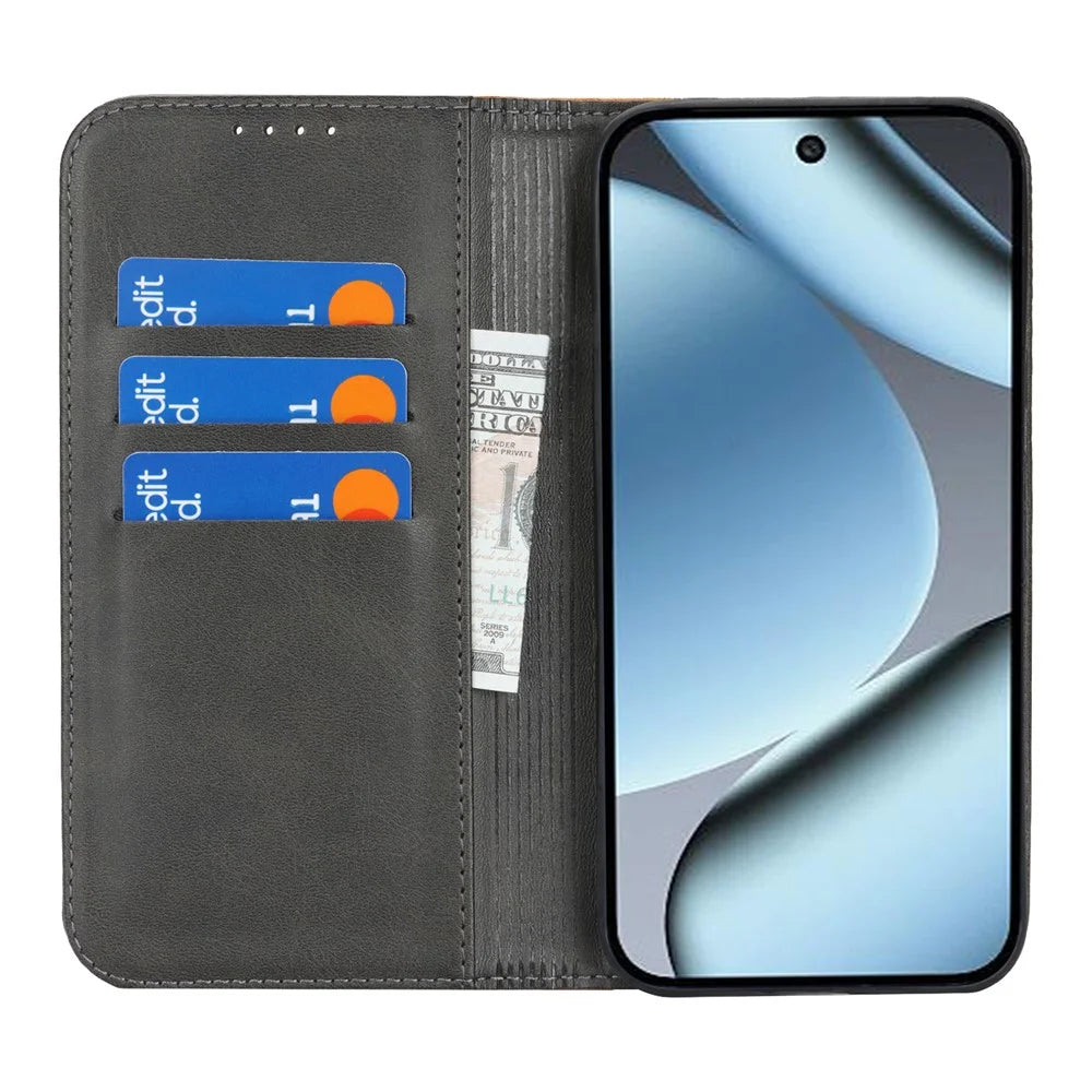 Phone Case For Google Pixel 10  /  10 Pro Calf Texture 3 Card Slots Color Splicing Leather Phone Cover - Black+Yellow - 3