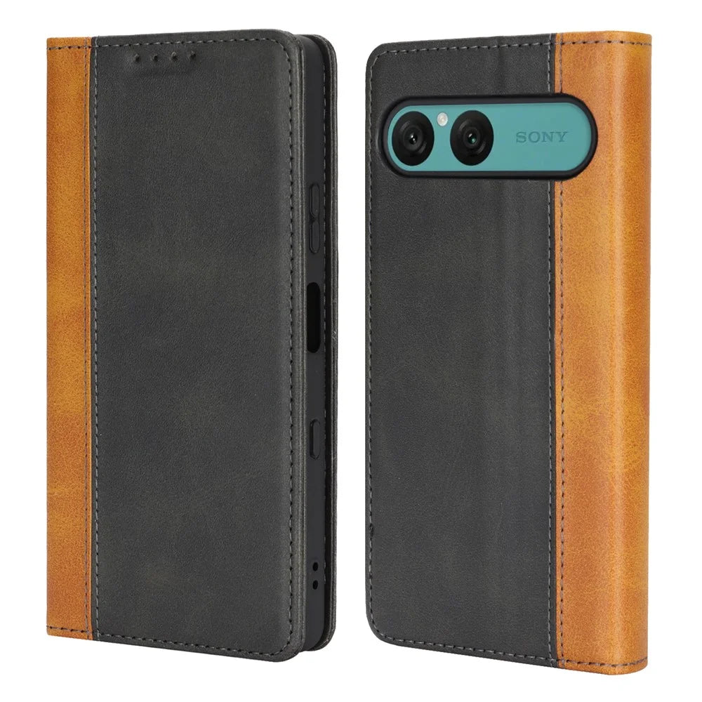 For Sony Xperia 10 VII Case Calf Texture 3 Card Slots Color Splicing Leather Phone Cover - Black+Yellow - 1