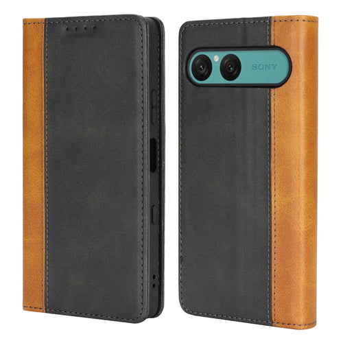 For Sony Xperia 10 VII Case Calf Texture 3 Card Slots Color Splicing Leather Phone Cover - Black+Yellow - 1