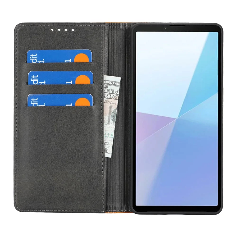 For Sony Xperia 10 VII Case Calf Texture 3 Card Slots Color Splicing Leather Phone Cover - Black+Yellow - 3