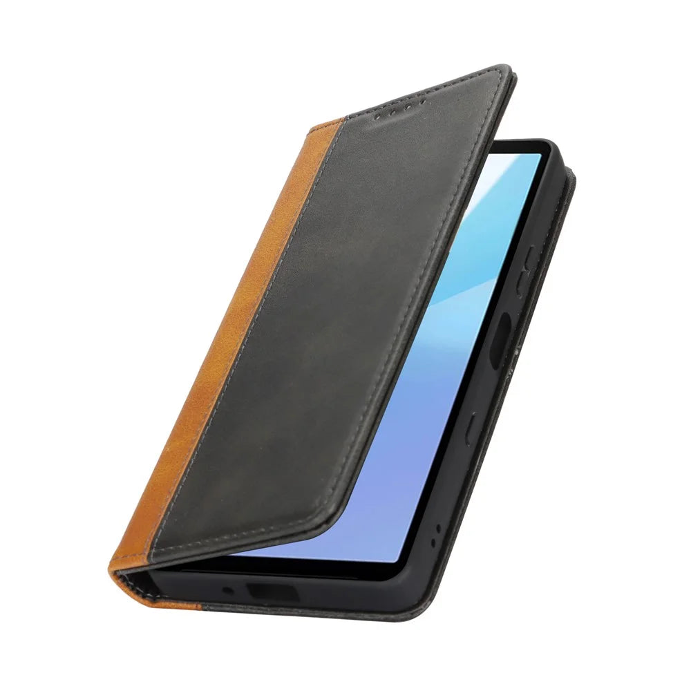 For Sony Xperia 10 VII Case Calf Texture 3 Card Slots Color Splicing Leather Phone Cover - Black+Yellow - 4