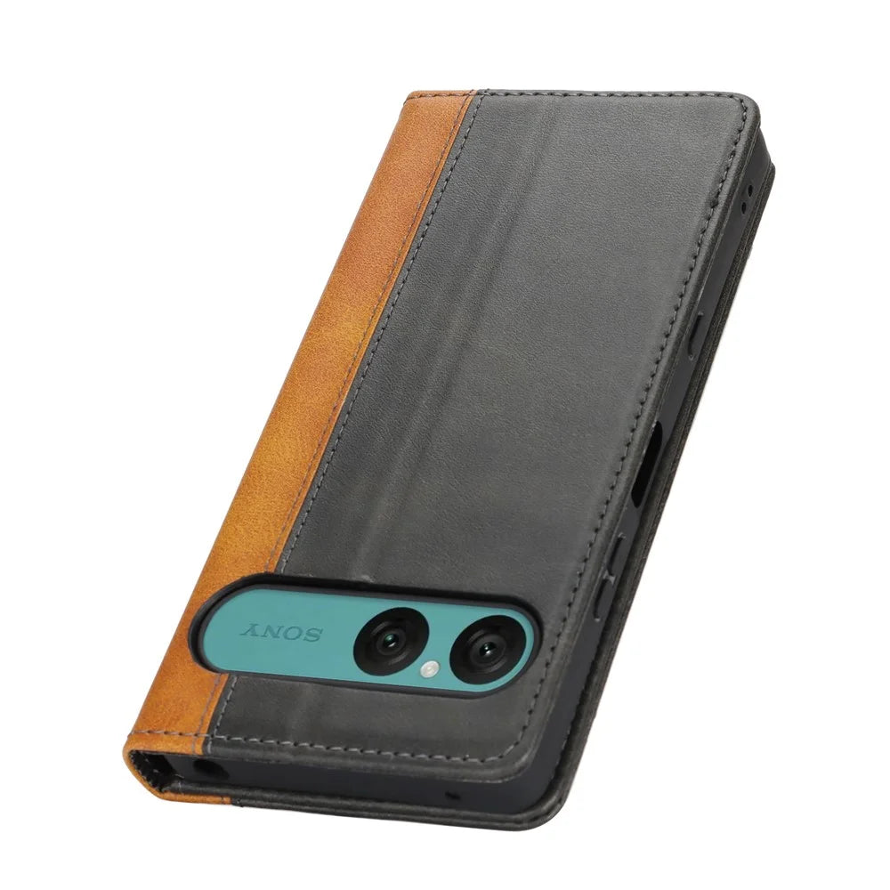 For Sony Xperia 10 VII Case Calf Texture 3 Card Slots Color Splicing Leather Phone Cover - Black+Yellow - 5