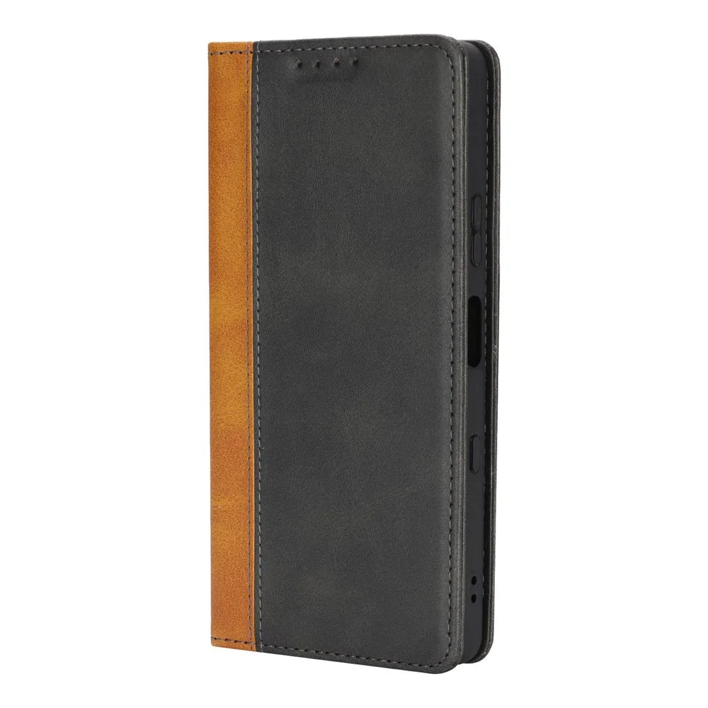 For Sony Xperia 10 VII Case Calf Texture 3 Card Slots Color Splicing Leather Phone Cover - Black+Yellow - 7