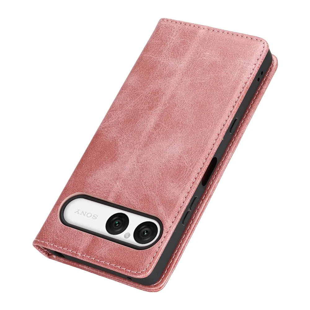 For Sony Xperia 10 VII Case PU Leather Calf Textured Magnetic Closing Smart Phone Cover - Rose Gold - 6