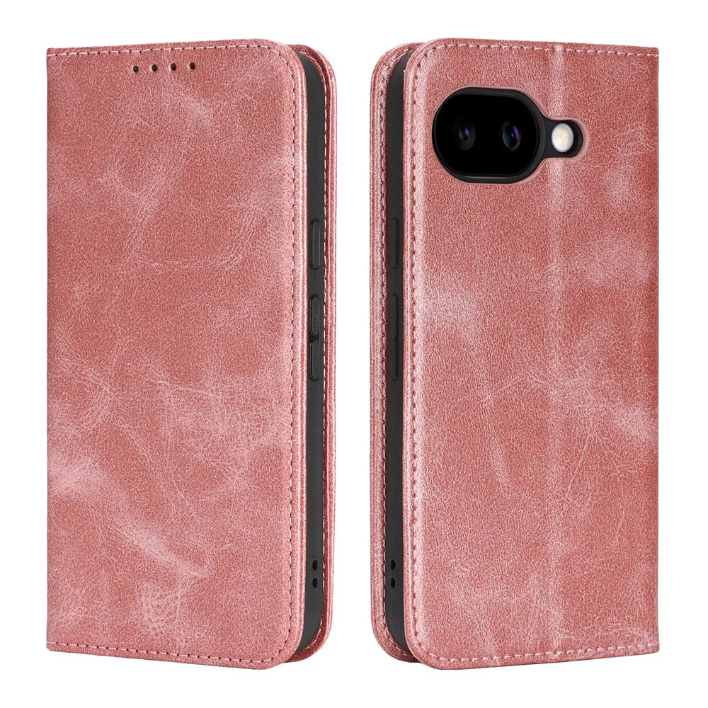 For Google Pixel 10a Case PU Leather Calf Textured Magnetic Closing Smart Phone Cover - Rose Gold - 1