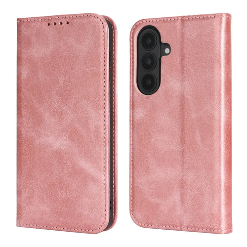 For Samsung Galaxy S26 Case PU Leather Calf Textured Magnetic Closing Smart Phone Cover - Rose Gold - 1