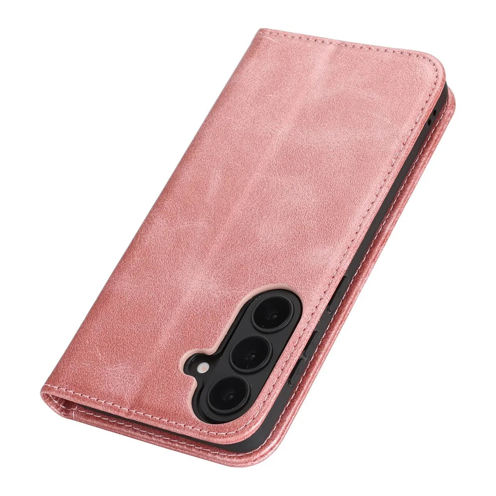 For Samsung Galaxy S26 Case PU Leather Calf Textured Magnetic Closing Smart Phone Cover - Rose Gold - 5