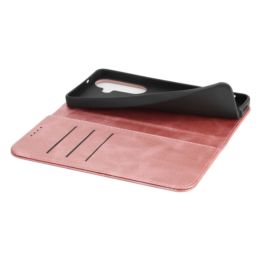 For Samsung Galaxy S26 Case PU Leather Calf Textured Magnetic Closing Smart Phone Cover - Rose Gold - 7