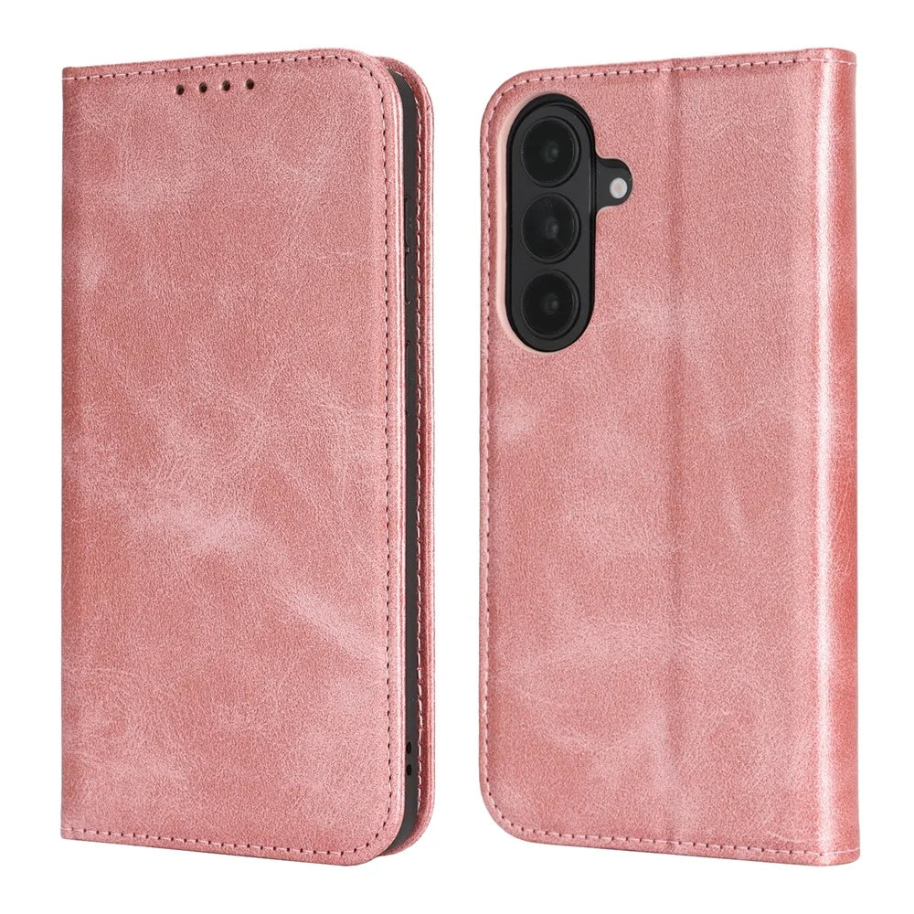 For Samsung Galaxy S26+ Case PU Leather Calf Textured Magnetic Closing Smart Phone Cover - Rose Gold - 1