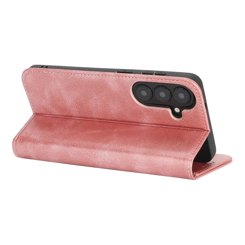 For Samsung Galaxy S26+ Case PU Leather Calf Textured Magnetic Closing Smart Phone Cover - Rose Gold - 3