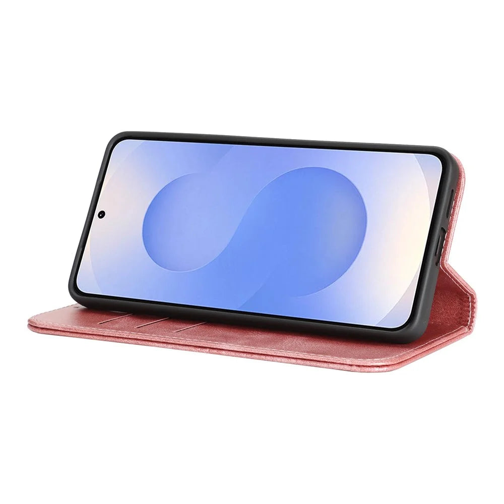 For Samsung Galaxy S26+ Case PU Leather Calf Textured Magnetic Closing Smart Phone Cover - Rose Gold - 4