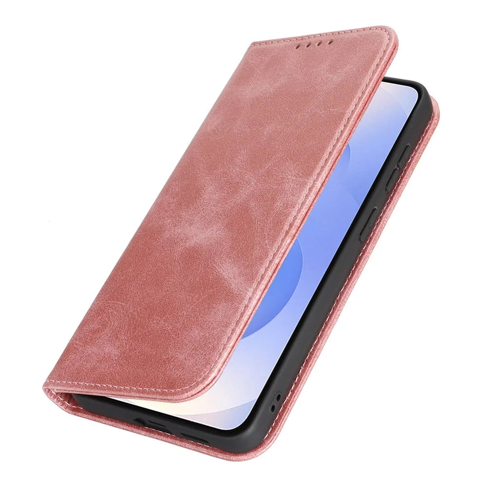 For Samsung Galaxy S26+ Case PU Leather Calf Textured Magnetic Closing Smart Phone Cover - Rose Gold - 6