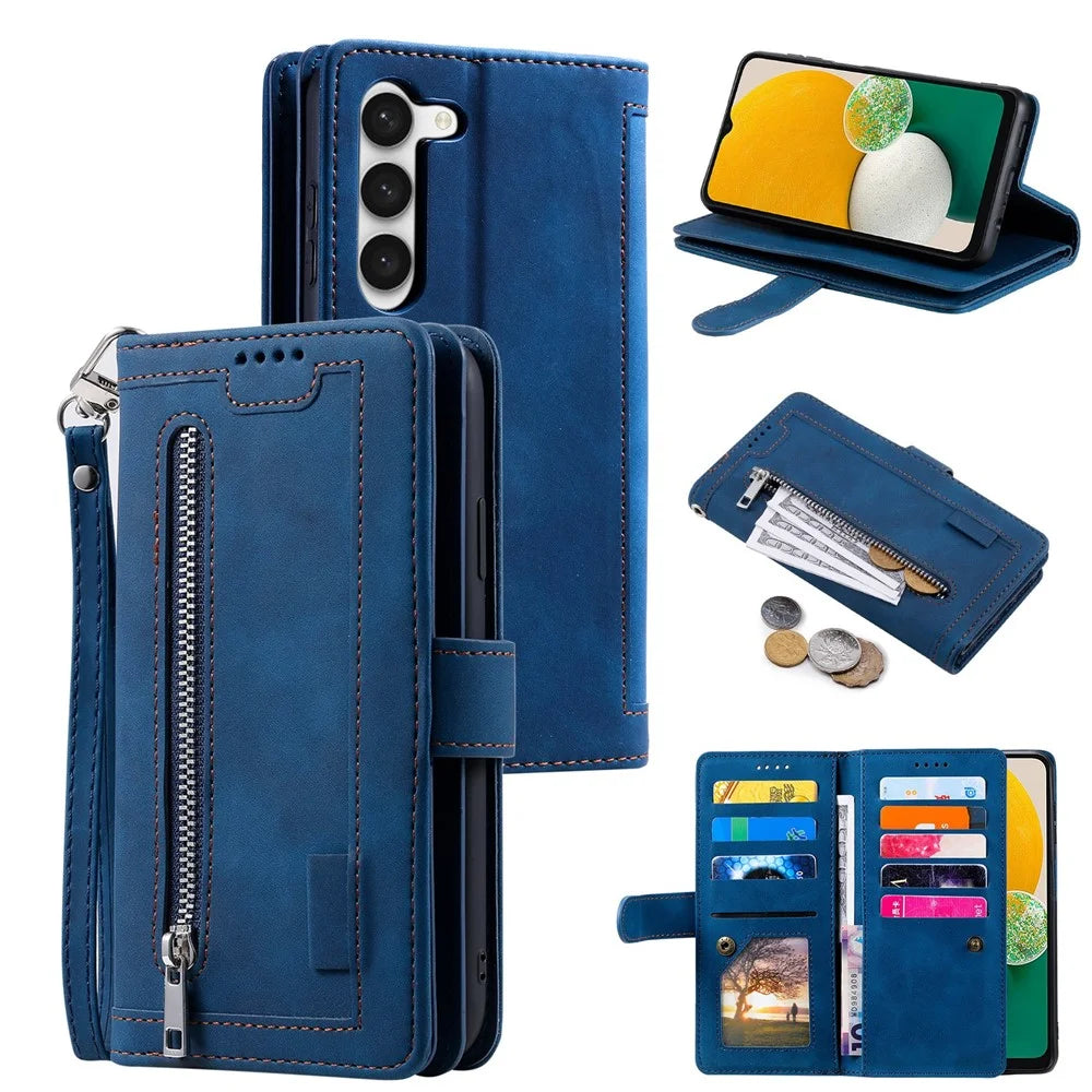 Anti-Fall Phone Case for Samsung Galaxy S23+ Shockproof Leather Cover Multi Card Slot Phone Shell with Zipper Wallet / Strap - Blue - 1