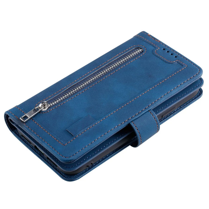 Anti-Fall Phone Case for Samsung Galaxy S23+ Shockproof Leather Cover Multi Card Slot Phone Shell with Zipper Wallet / Strap - Blue - 6