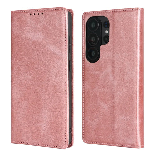 For Samsung Galaxy S26 Ultra Case PU Leather Calf Textured Magnetic Closing Smart Phone Cover - Rose Gold - 1