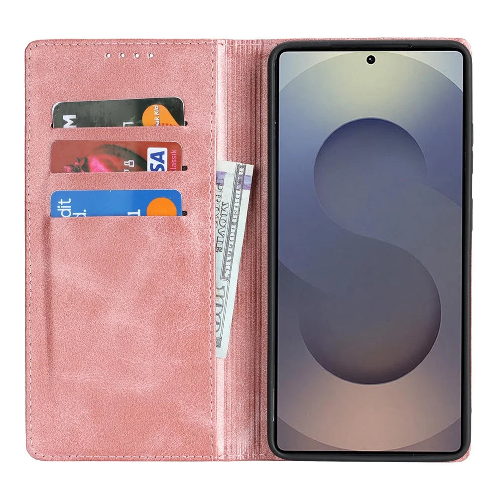 For Samsung Galaxy S26 Ultra Case PU Leather Calf Textured Magnetic Closing Smart Phone Cover - Rose Gold - 2