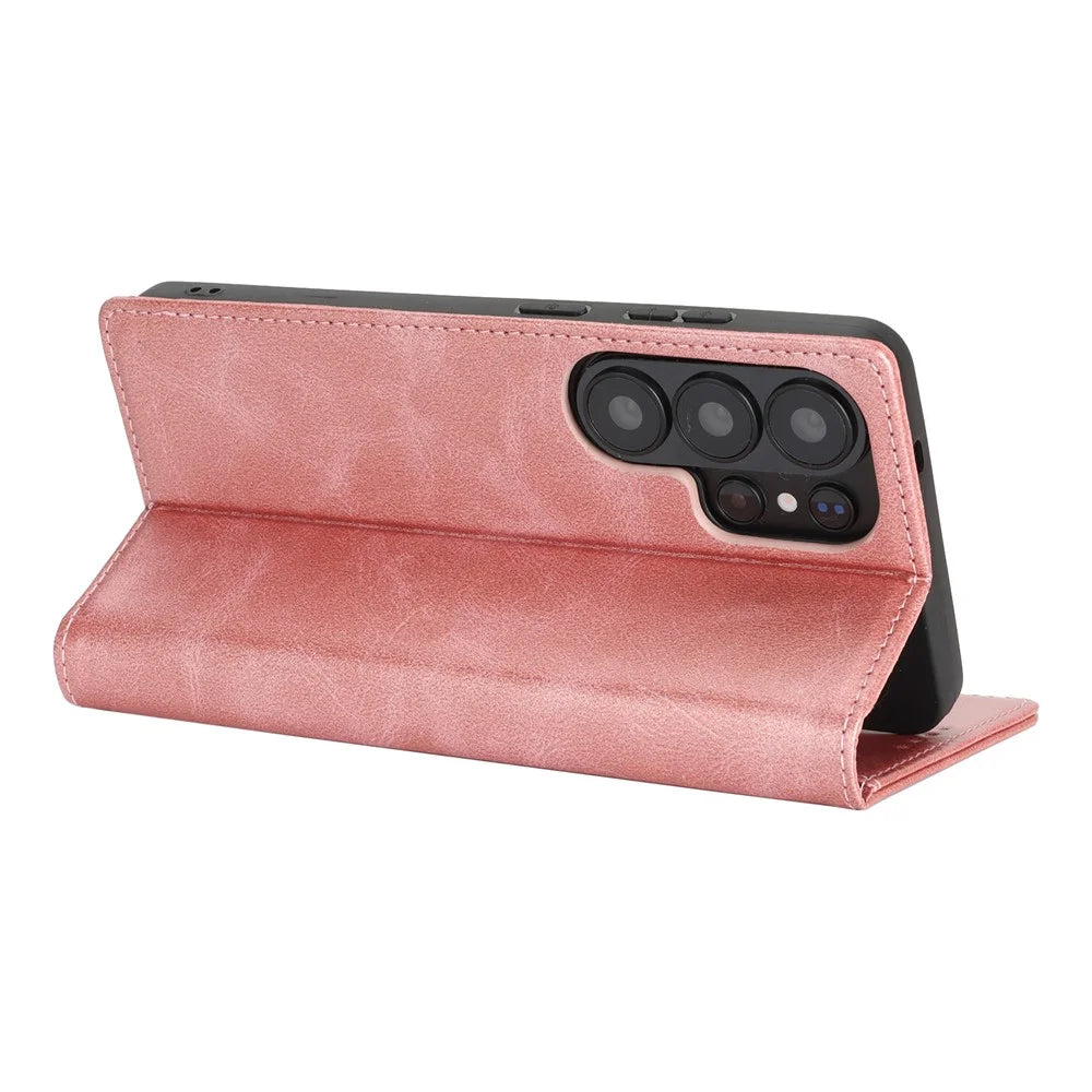 For Samsung Galaxy S26 Ultra Case PU Leather Calf Textured Magnetic Closing Smart Phone Cover - Rose Gold - 3