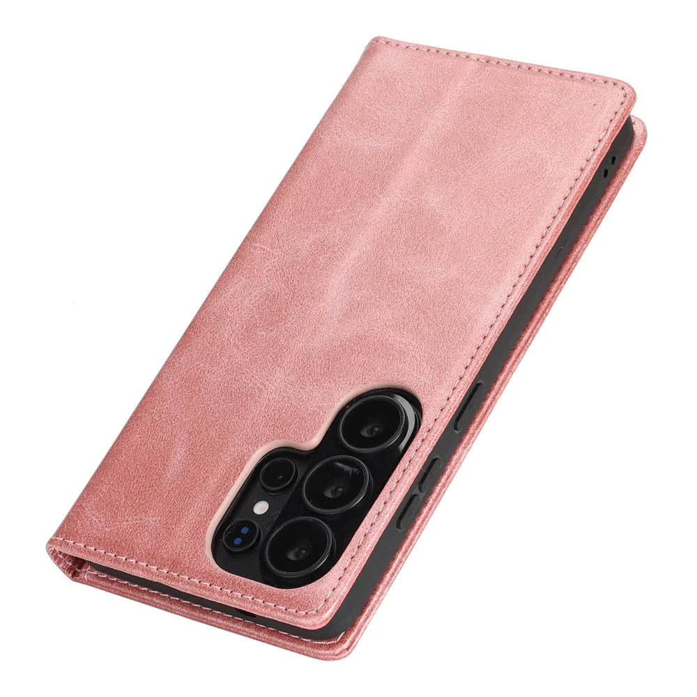 For Samsung Galaxy S26 Ultra Case PU Leather Calf Textured Magnetic Closing Smart Phone Cover - Rose Gold - 6